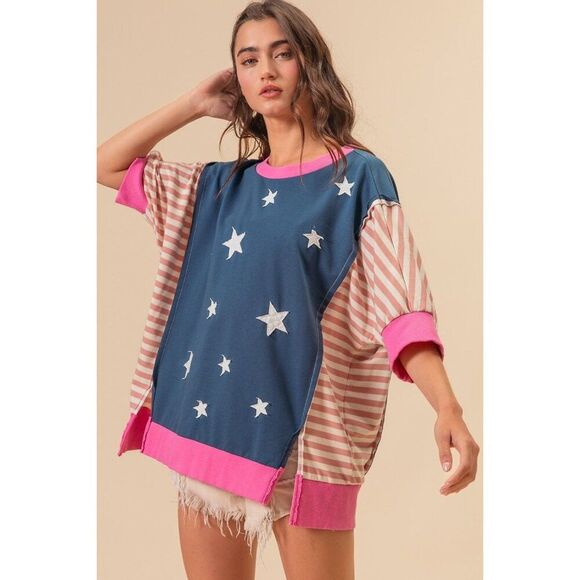 BiBi US Flag Theme Color Block Star Patch T-Shirt - Picture 1 of 4